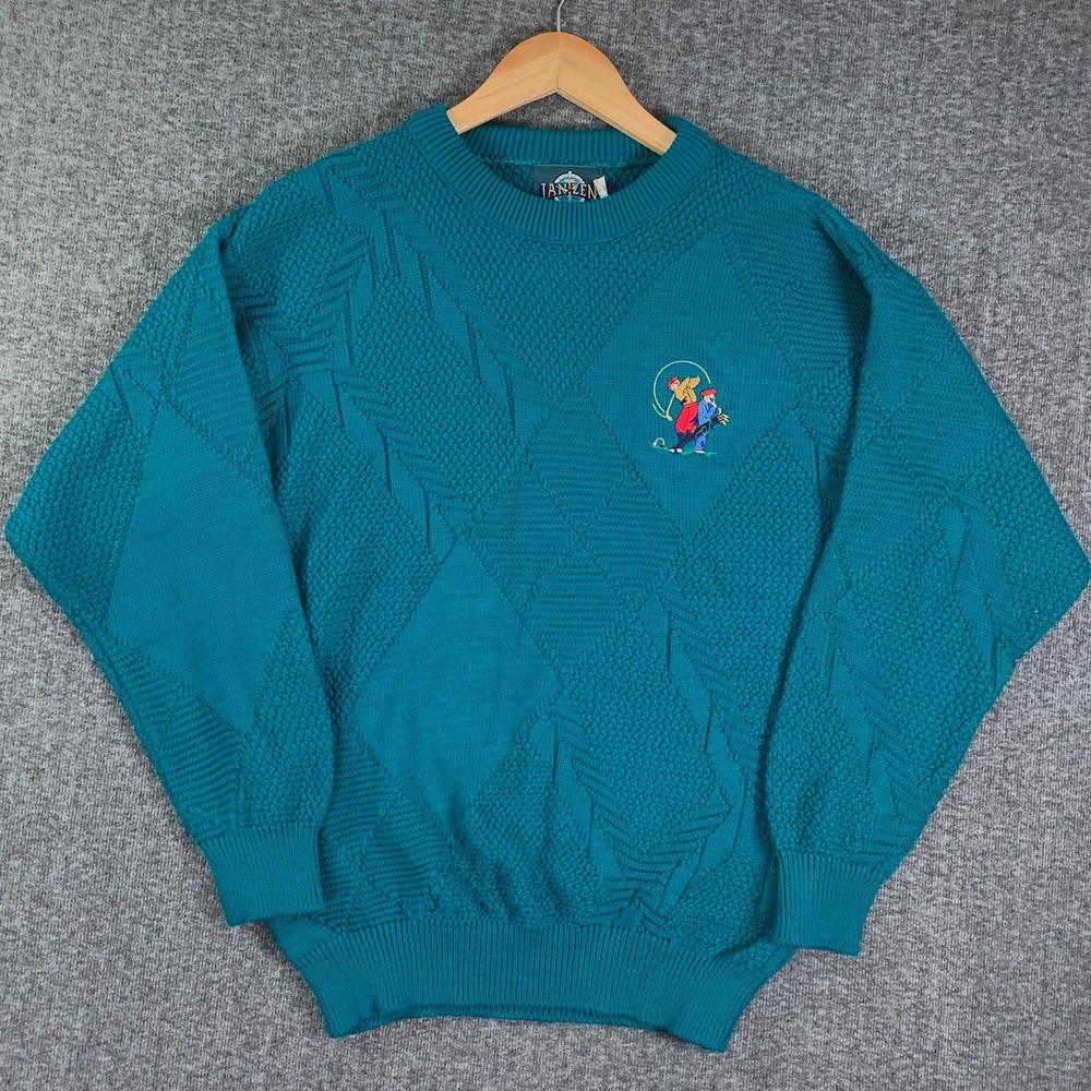 Vintage Jantzen Knit Sweater Men Medium Blue Golf Grandpa Old Money 90's